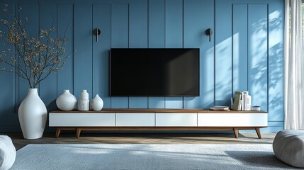 Modern Living Room with TV and Decorative Vases. Generative AI