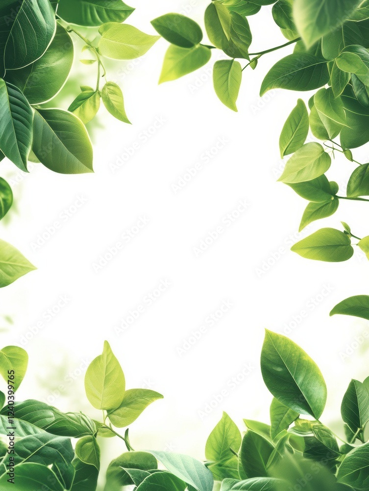 Poster Lush green leaves creating a natural frame for text space in a bright, serene setting. Generative AI