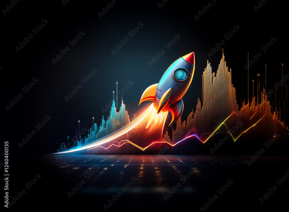 Leinwandbilder a vibrant rocket ascends, leaving a fiery trail above a dynamic graph, symbolizing rapid growth and 