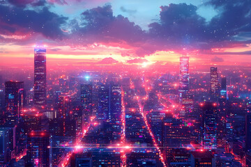 Fototapeta premium Pink sunset over futuristic city skyline