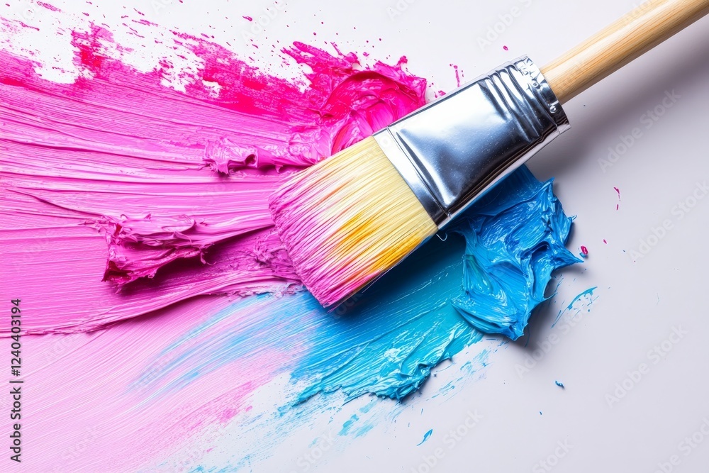 Poster bright brush blending pink and blue paint on canvas with vibrant colors creating an artistic texture