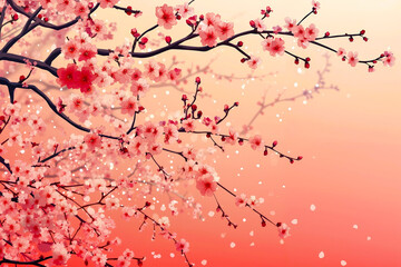 Fototapeta premium A branch of a tree with pink flowers on a red background