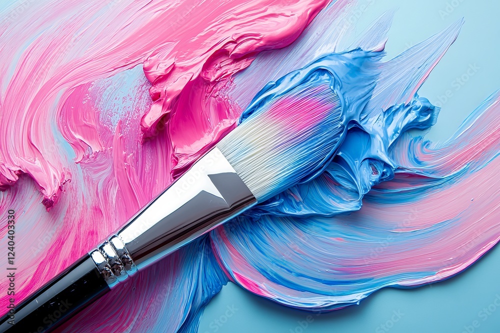 Aufkleber brush dipped in vibrant pink and blue paint creating a stunning abstract pattern on a smooth surface