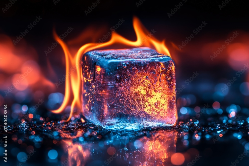 Poster dramatic contrast of fire and ice with a glowing burning ice cube on a dark background