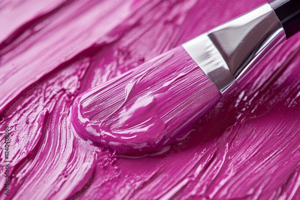 Poster vivid pink paint with brush blending into textured background during art creation