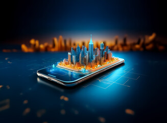 A futuristic cityscape miniature sits atop a sleek smartphone, illuminated with vibrant blue light.  The scene evokes a sense of technological advancement and urban connectivity.