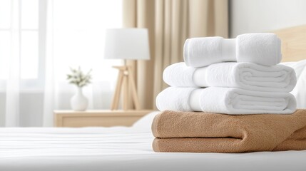 Soft white towels are stacked neatly on a bed in a well-lit, inviting bedroom with natural light filtering through the curtains