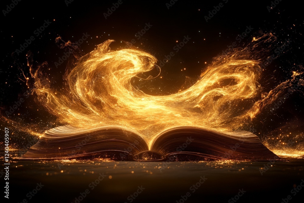 Aufkleber golden flames emerge from an open book, symbolizing creativity and imagination in a mystical setting