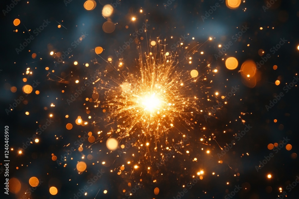 Aufkleber Bright burst of golden light explodes in dark background creating a stunning visual display of sparks and glittering particles