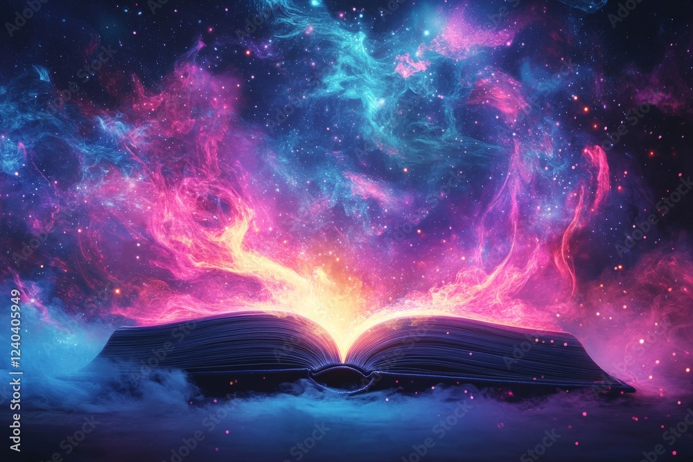 Poster Magical open book emitting colorful light in a cosmic setting with swirling gases and sparkling stars