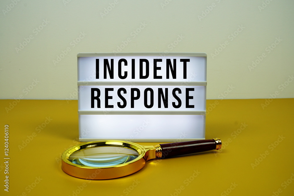 Wall mural incident response text on led lightbox with magnifying glass on yellow background
