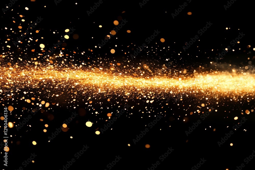 Poster golden sparkles create a mesmerizing trail of light against a black background during a festive cele