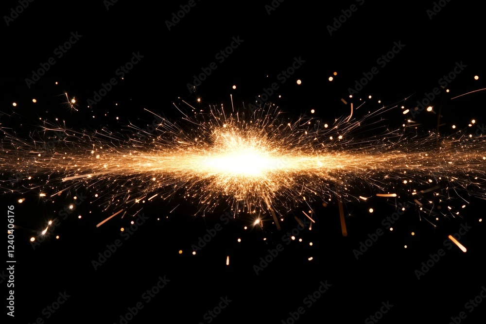 Poster Bright spark explosion with flying sparks in dark background creates a mesmerizing visual experience