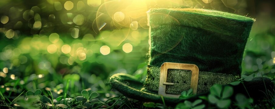 St. Patrick&rsquo;s Day concept art featuring green leprechaun hat with gold buckle, glowing golden sun rays, and gold bokeh effect for holiday promotion