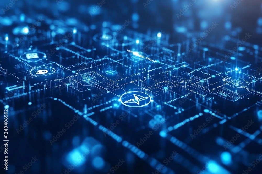 Poster Exploring futuristic technology with digital circuitry and glowing interfaces in a virtual environment