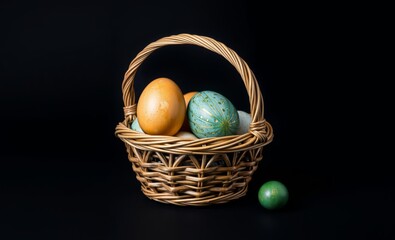 Eyecatching basket with easter eggs on black background object in retro style easter background...