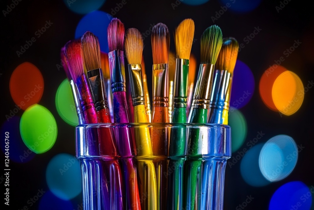 Poster colorful paintbrushes arranged in a glass container with a vibrant bokeh background
