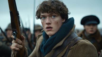 Obraz premium The Young Soldier's Gaze: A battlefield portrait