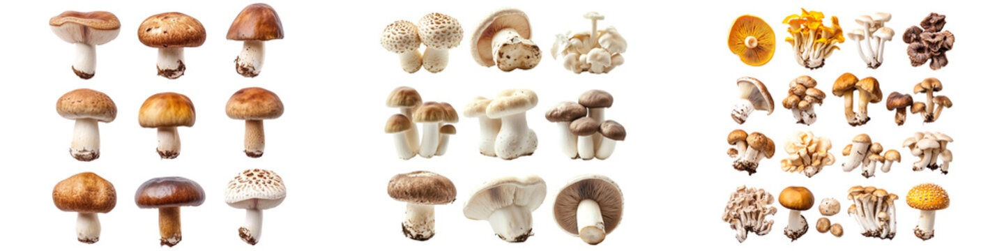 Collection of variety of mushrooms isolated on transparent background