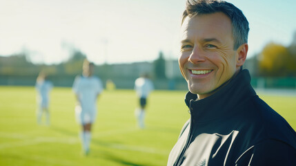 Happy smiling soccer football coach, man smiling, players in background, on green field