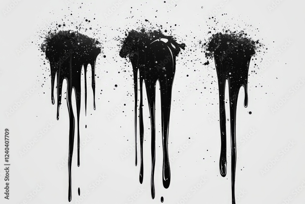 Poster Abstract black paint drips create an artistic urban texture on a white background in a contemporary art display