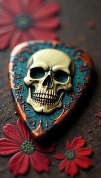 Close-up of vintage guitar pick with skull design, emblem, design