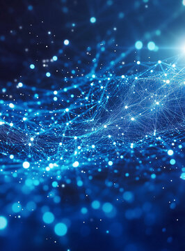 A vibrant blue network background with glowing connections and a bright light flare symbolizing technological advancement data flow and communication in the digital age