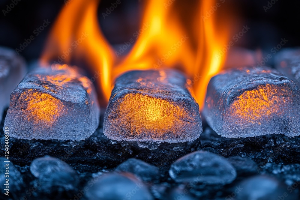 Aufkleber Flames elegantly dancing around ice cubes while glowing embers create a striking visual contrast in a creative composition
