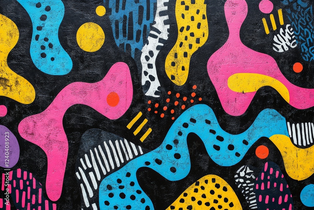 Poster colorful abstract mural with vibrant shapes on a dark background in an urban setting