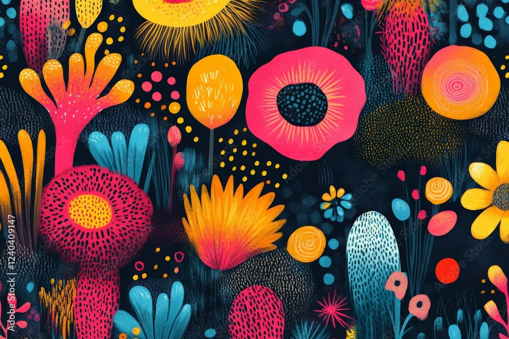 Poster vibrant flowers and abstract shapes in a colorful botanical artwork set against a dark background