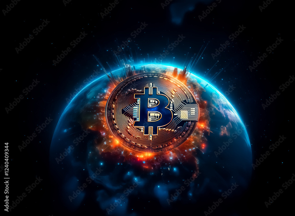 Poster a glowing bitcoin symbol explodes from a futuristic, fiery earth, symbolizing global cryptocurrency 