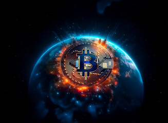 A glowing Bitcoin symbol explodes from a futuristic, fiery Earth, symbolizing global cryptocurrency impact and digital transformation.