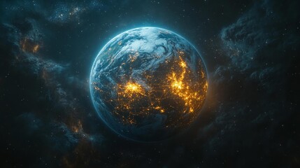 Earth from space with glowing city lights. Generative AI