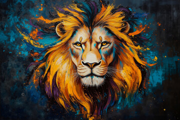 Fototapeta premium A painting of a lion's head on a black background