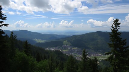 Panoramic view of a mountain village nestled in a lush green valley under a blue sky with puffy clouds, offering stunning scenery.
