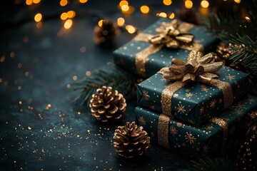 Gift-wrapped presents with gold accents beside pinecones and fairy lights during the holiday season