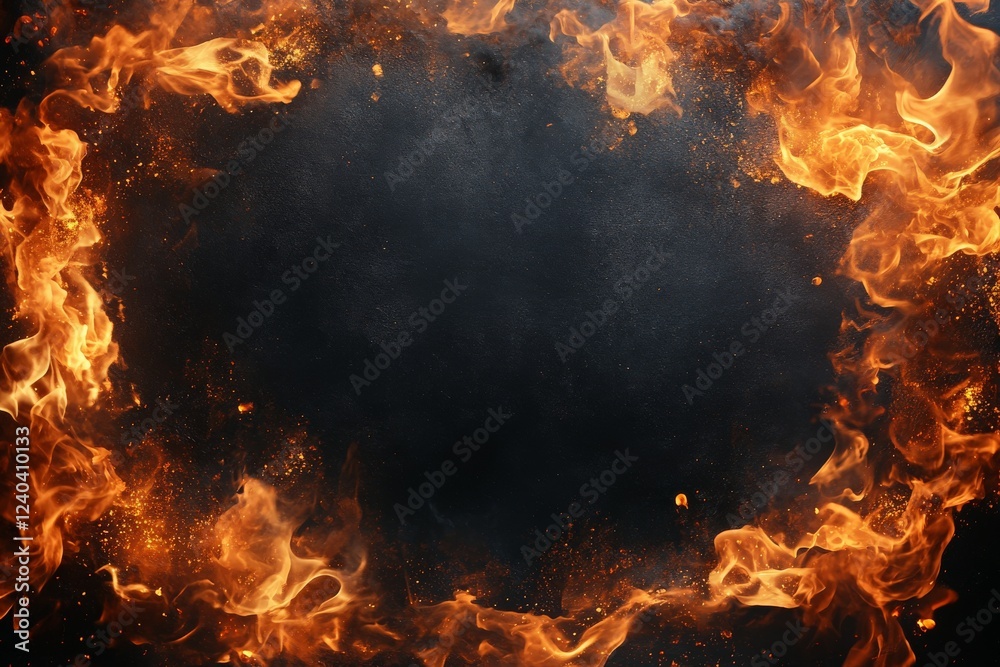 Poster Flames surround a dark background, creating an intense and dynamic visual effect with a fiery border