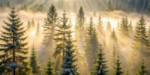 Golden Rays Illuminate a Frosty Evergreen Forest, Creating a Serene Winter Wonderland Scene