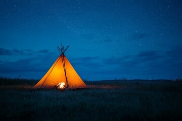 Cozy teepee with warm glow and campfire under a starry night sky in a tranquil meadow