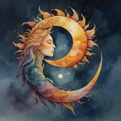 A dreamy watercolor of a sun and moon entwined in an embrace.