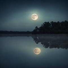 A soft watercolor of a full moon reflecting in a still lake.