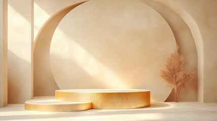 3D rendering of golden e-commerce product booth background