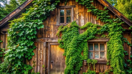 Fototapeta premium A corner of a rustic wooden house with overgrown green leaves and vines on the facade, overgrowth, foliage