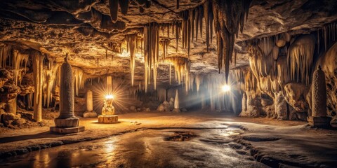 Atmospheric lighting in a dimly lit underground chamber with old stone walls and stalactites hanging from the ceiling, casting eerie shadows , atmospheric lighting, dimly lit