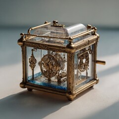 A translucent watercolor of a small music box, its lid slightly open.