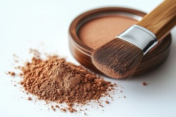 Makeup application tools featuring bronzer powder in a wooden container alongside a makeup brush ready for use