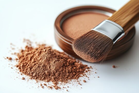 Makeup application tools featuring bronzer powder in a wooden container alongside a makeup brush ready for use