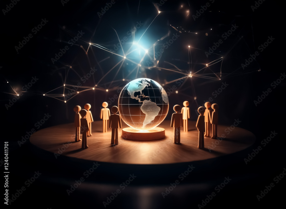 Aufkleber a glowing earth globe, encircled by small figures, sits on a platform amidst a network of connecting
