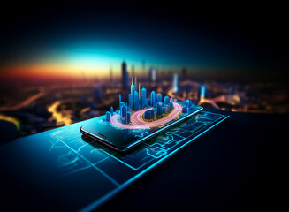 A futuristic city miniature sits on a smartphone, displayed against a vibrant cityscape backdrop at sunset.  The scene evokes technological advancement and urban planning.