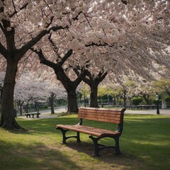 A subtle watercolor of an empty park bench under a canopy of cherry blossoms.